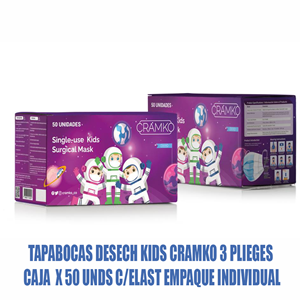 Tapabocas Kids Cramko Desechables 3 Plieg Caja X 50 Und Elastico Empaque Individual   - Cramko